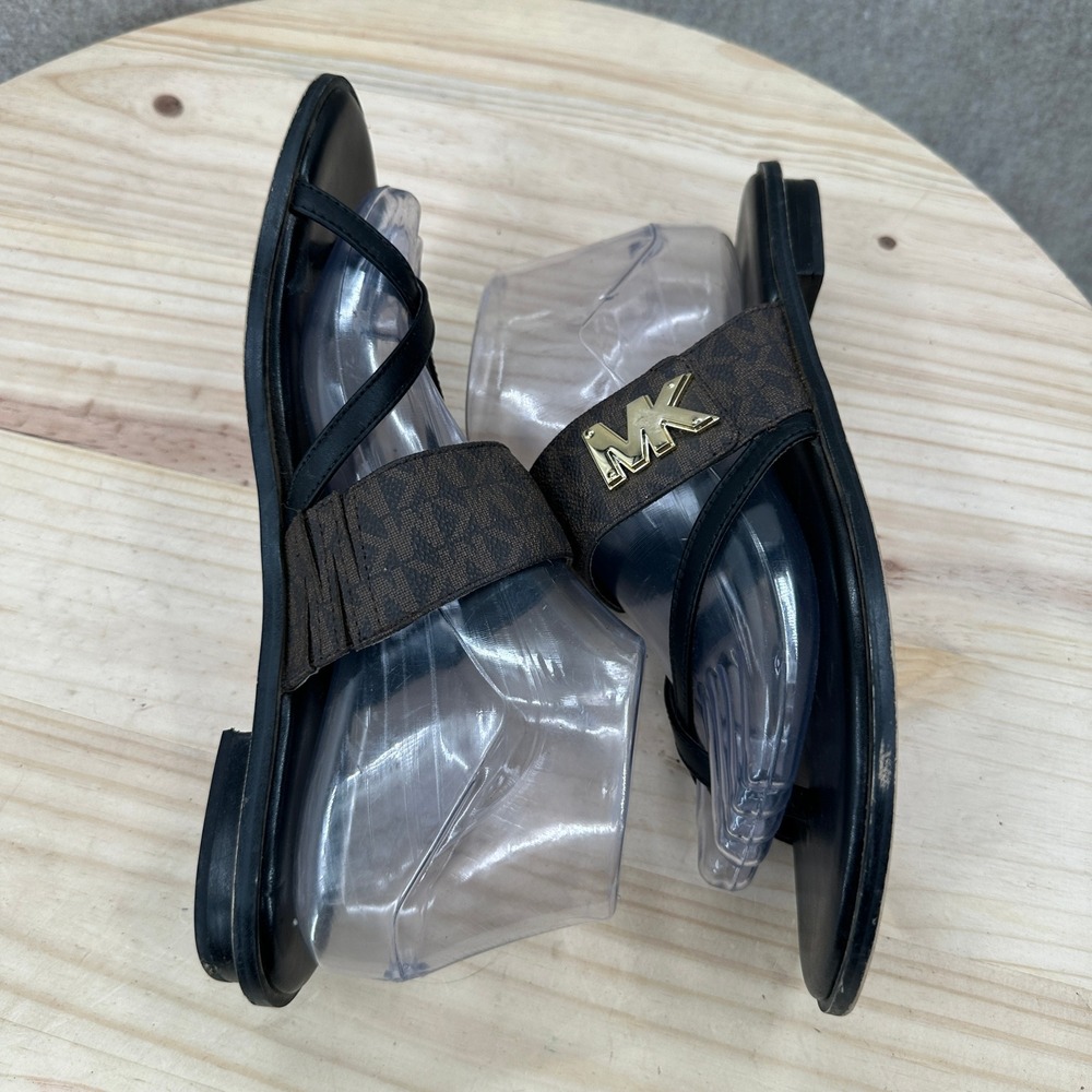 Michael Kors Sidney Flat Sandals Womens 8.5M Brown Black Logo Thong Slide - Picture 4 of 10